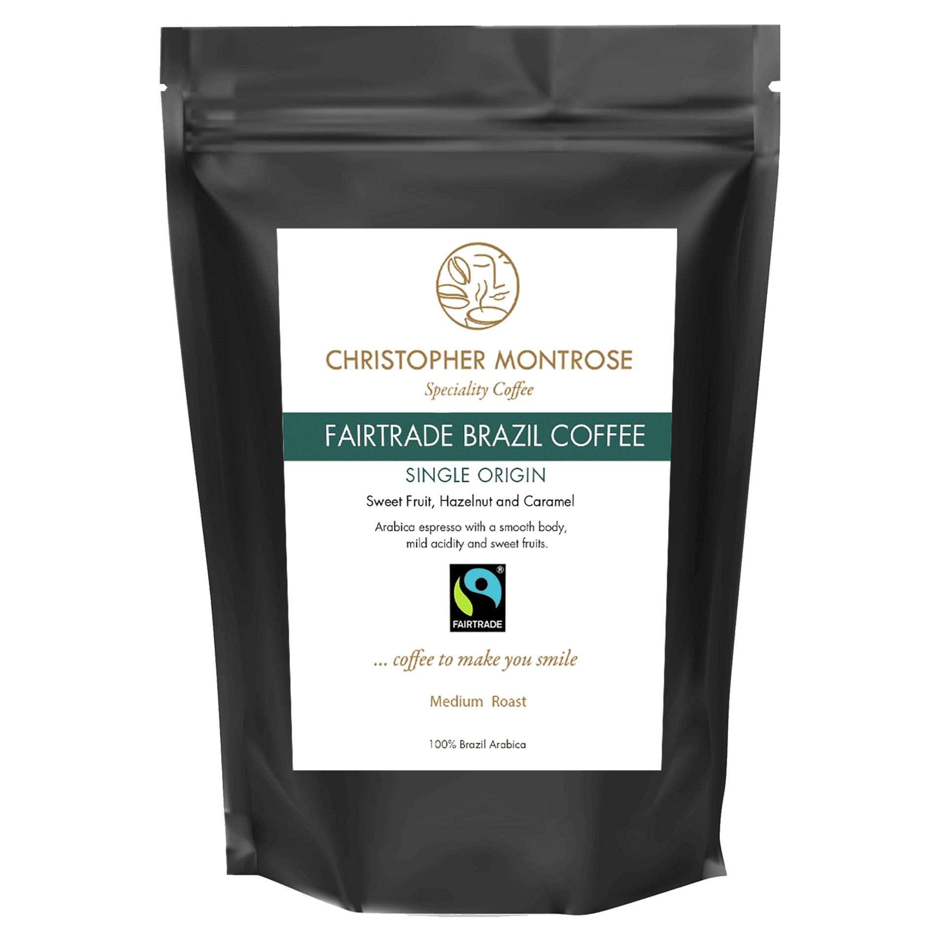 Fairtrade Brazil Arabica Coffee beans from Christopher Montrose Coffee, showcasing fresh, roasted coffee with a rich aroma.