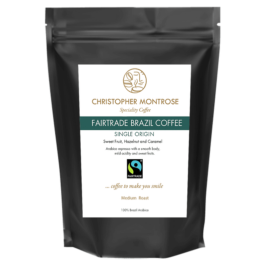 Fairtrade Brazil Arabica Coffee beans from Christopher Montrose Coffee, showcasing fresh, roasted coffee with a rich aroma.