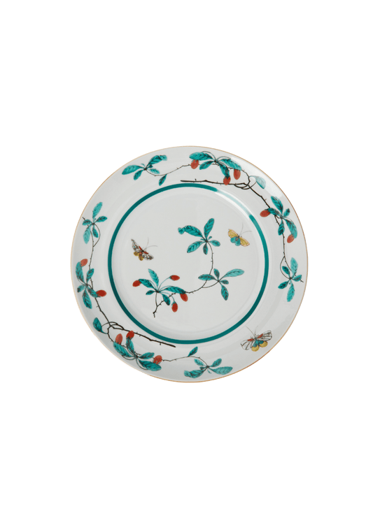 Set of four Famille Verte dessert plates by Casa by Josephine Jenno featuring intricate green and white Chinese-style porcelain designs.