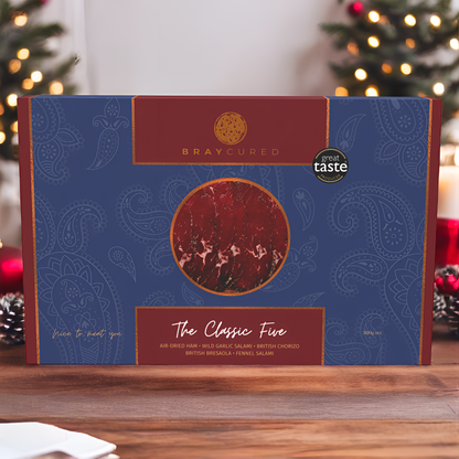 Assorted charcuterie selection from Bray Cured's Classic Feasting Five, featuring cured meats and accompaniments for festive grazing.