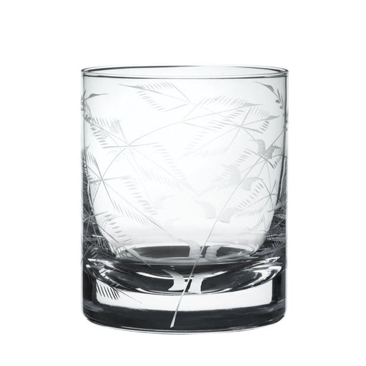 Pair of Crystal whisky glasses with elegant fern design by The Vintage List, showcasing detailed glass craftsmanship.
