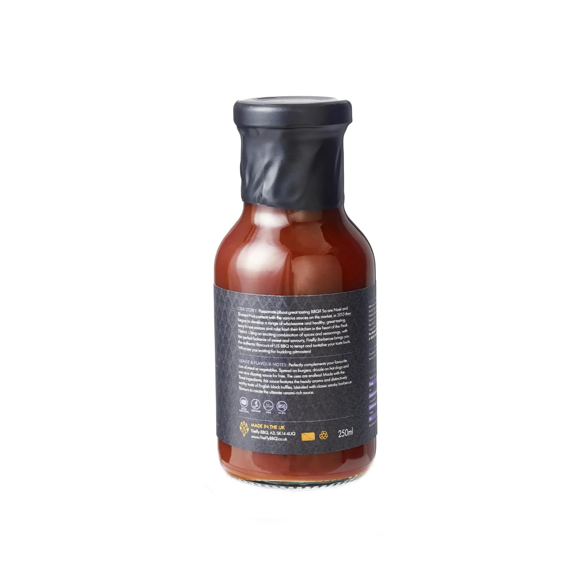 Bottle of FireFly Barbecue Black Truffle BBQ Sauce with a sleek label, showcasing its rich, dark color and luxurious truffle flavor.