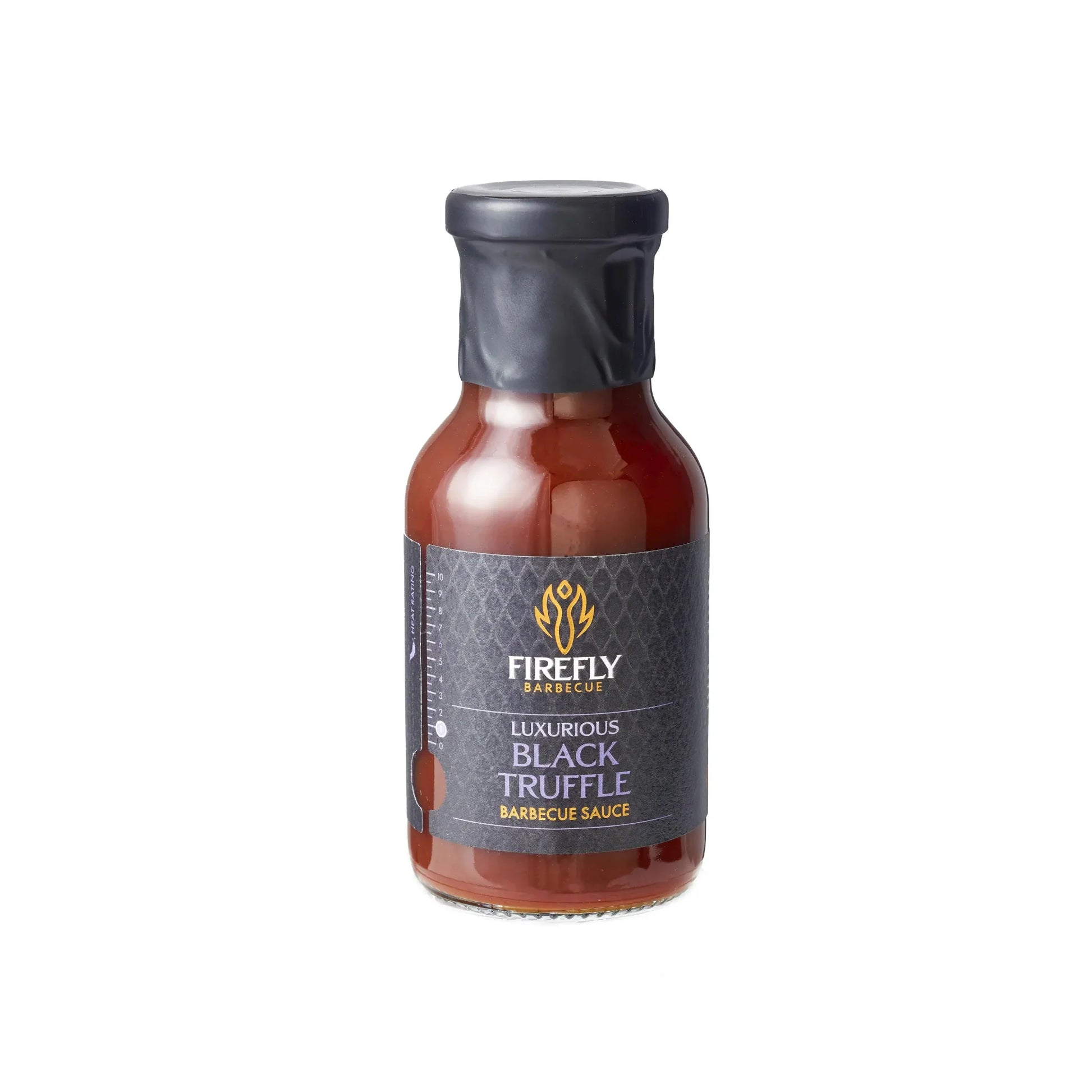 Bottle of FireFly Barbecue Black Truffle BBQ Sauce with black truffle pieces and rich, dark sauce in a glass jar.