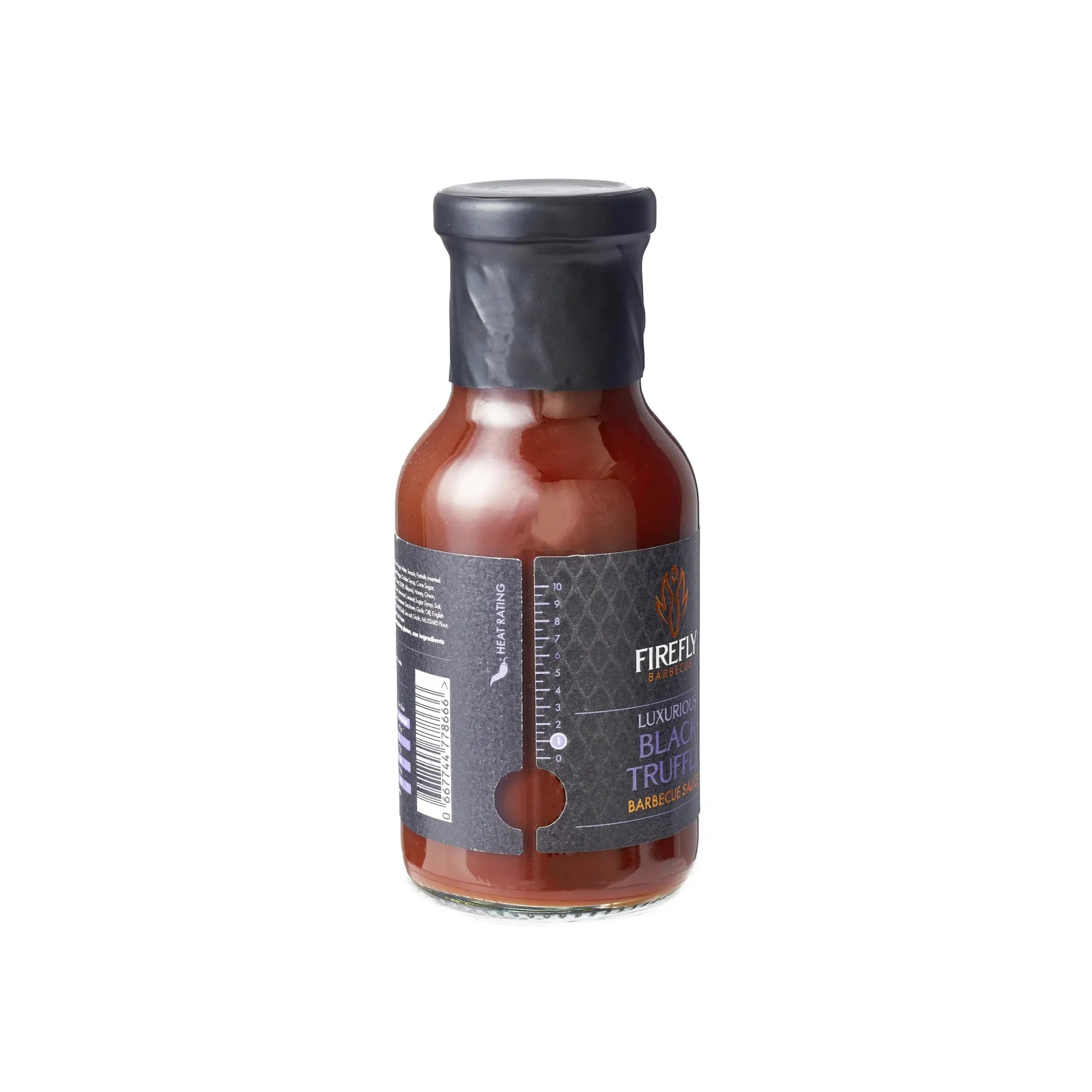 FireFly Barbecue Black Truffle BBQ Sauce in a bottle, showcasing a rich, dark sauce with black truffle flavor and branding label.
