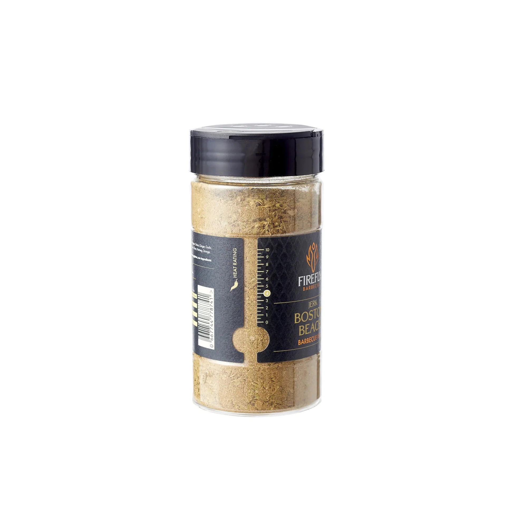 FireFly Barbecue Boston Beach Jerk Rub in a jar, ready for grilling, with vibrant label and spices visible.