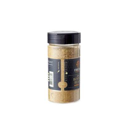 FireFly Barbecue Boston Beach Jerk Rub in a jar, ready for grilling, with vibrant label and spices visible.