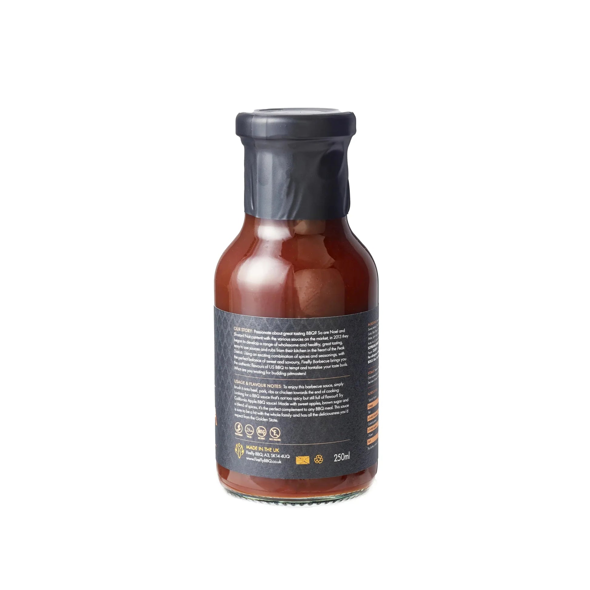 FireFly Barbecue California Apple BBQ Sauce bottle with label, showcasing the flavorful sauce for grilling and cooking.