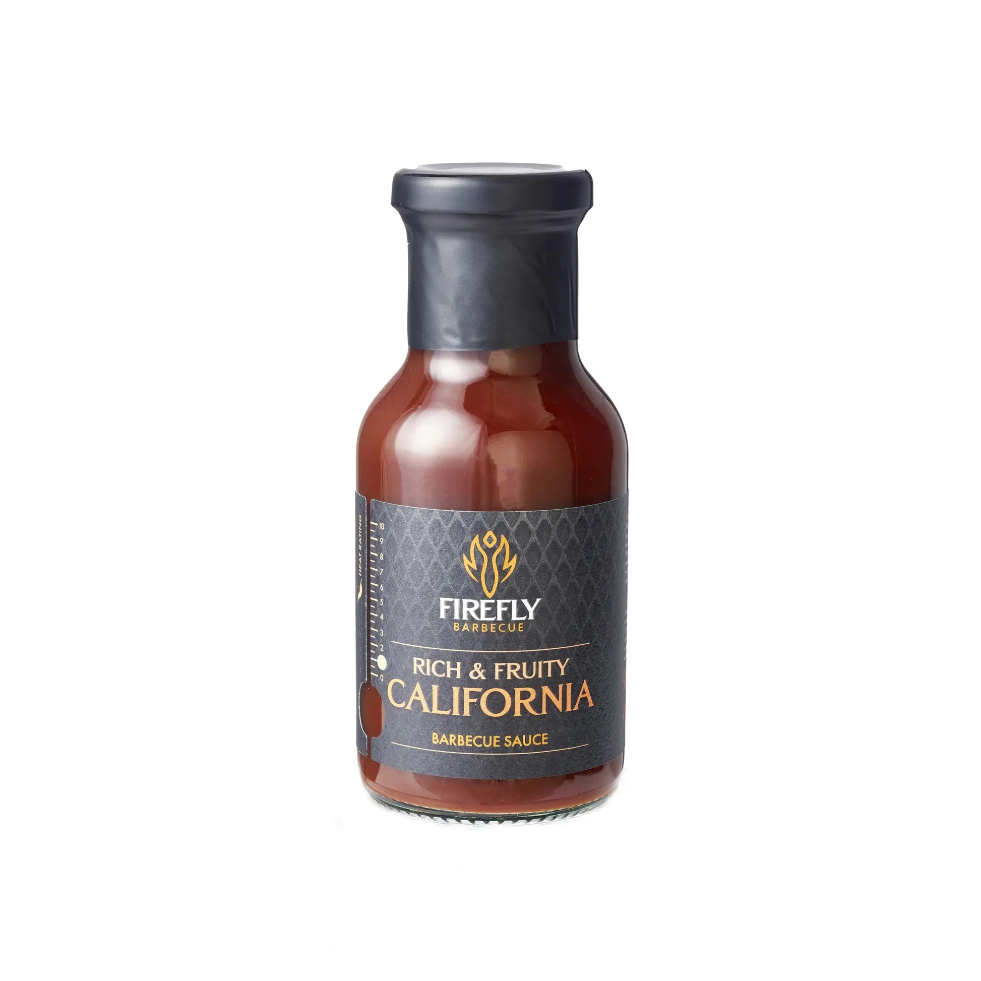 FireFly Barbecue California Apple BBQ Sauce in a squeeze bottle, showcasing its rich, glossy sauce texture.