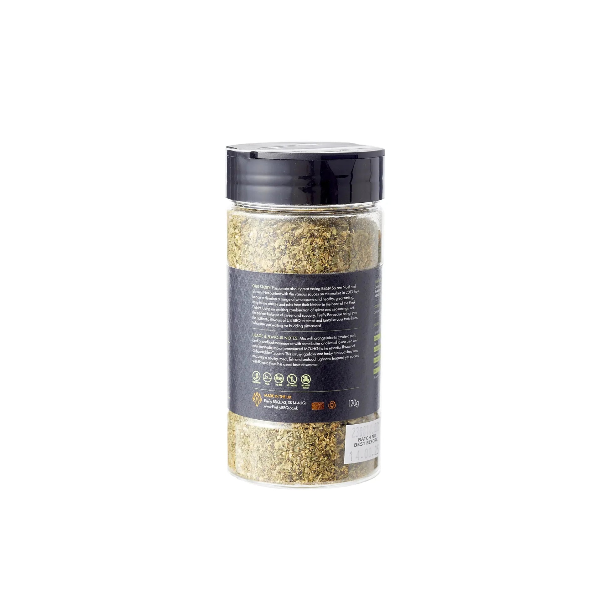 FireFly Barbecue Florida Cuban Mojo BBQ Rub jar with label, showcasing the spicy seasoning blend for grilling and BBQ dishes.