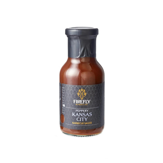 Bottle of FireFly Barbecue Kansas Brisket BBQ Sauce with label showing rich, smoky sauce for grilling and smoking meats.
