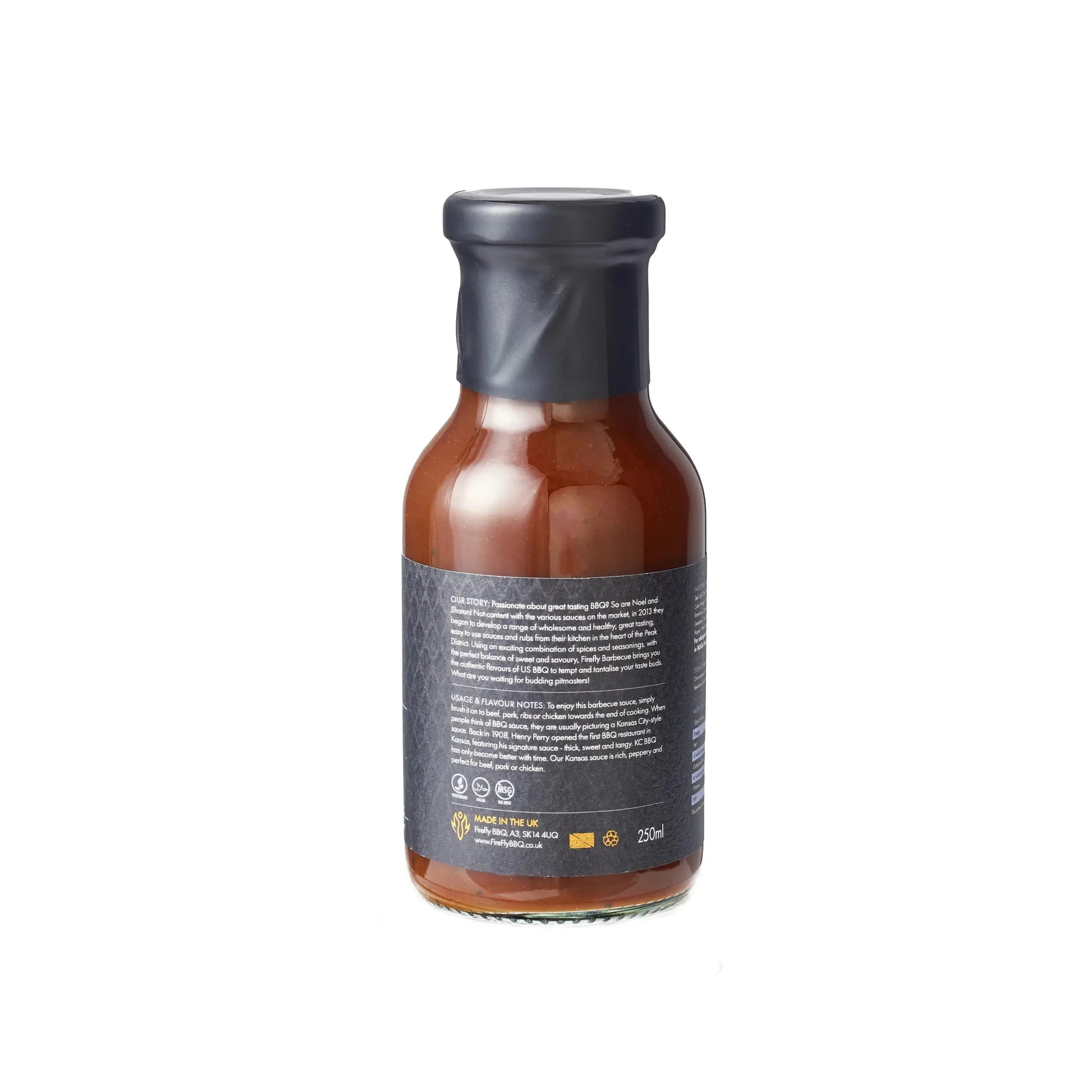 Bottle of FireFly Barbecue Kansas Brisket BBQ Sauce with label visible, showcasing rich, smoky sauce for grilling and smoking.