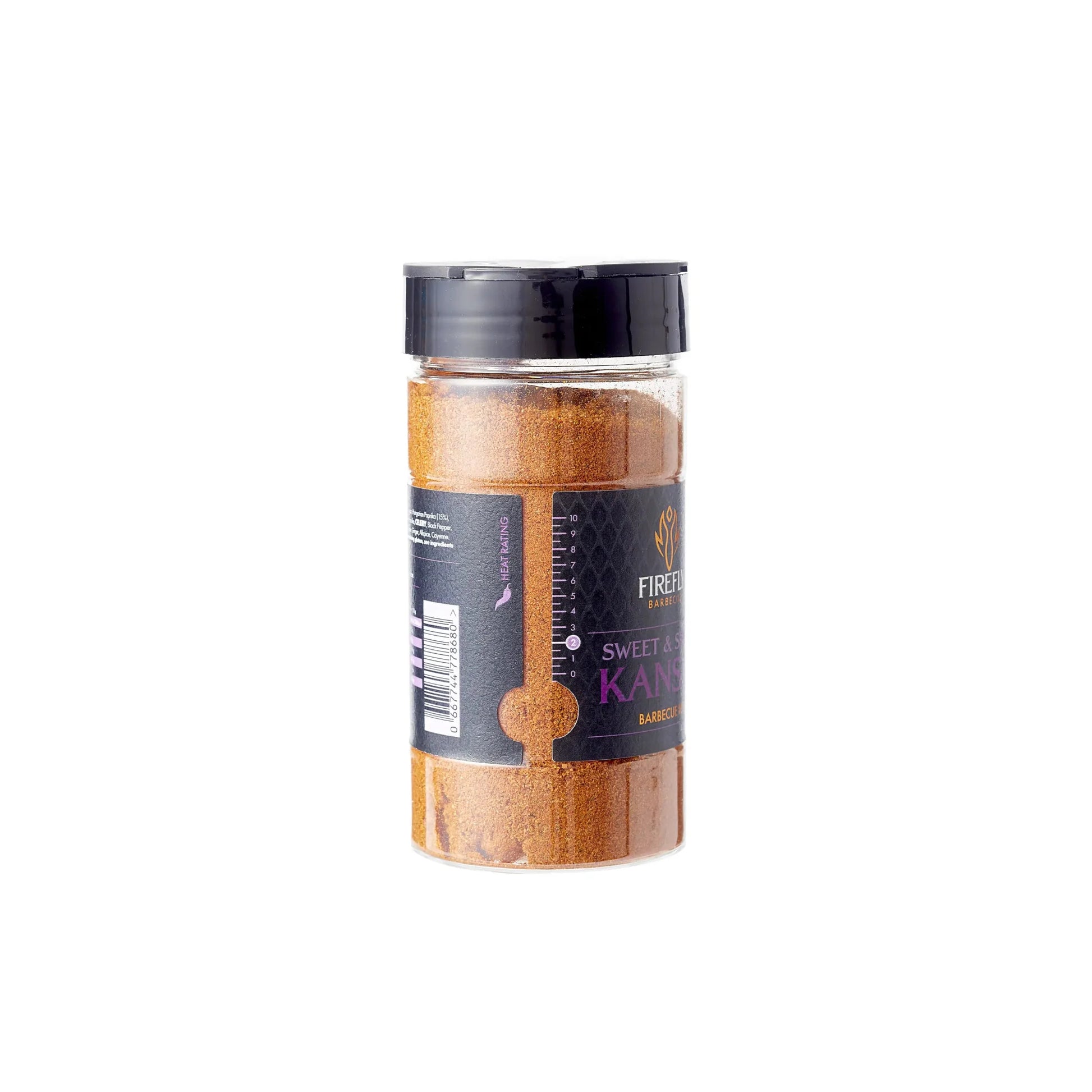 FireFly Barbecue Kansas Sweet & Smoky BBQ Rub jar with label, highlighting the flavorful spice blend for grilling and smoking.