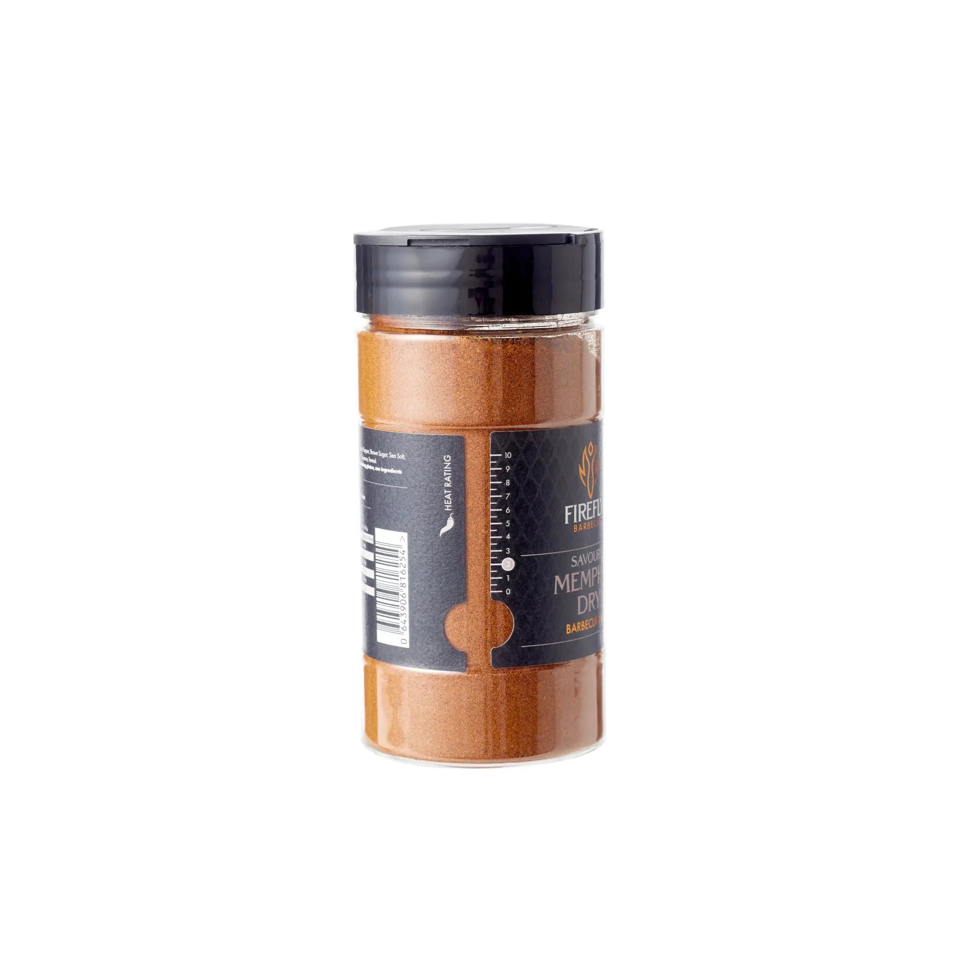 FireFly Barbecue Memphis Dry Savoury BBQ Rub in a jar, close-up view showing the spice blend for grilling and smoking meats.