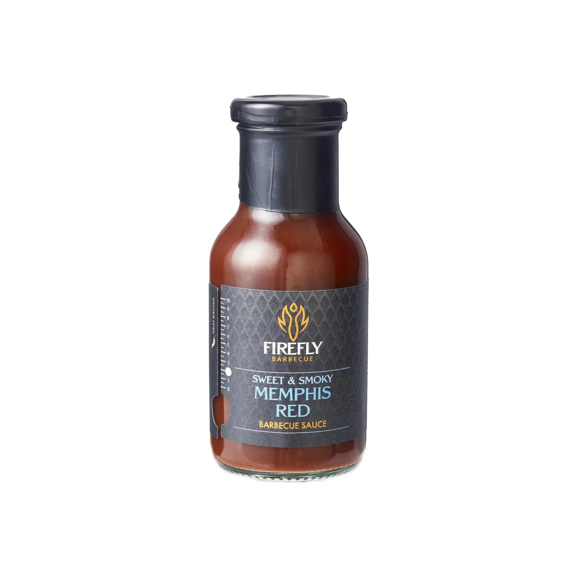 FireFly Barbecue Memphis Red Sweet & Smoky BBQ Sauce in a glass bottle with label, showcasing vibrant red color and branding.