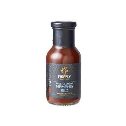 FireFly Barbecue Memphis Red Sweet & Smoky BBQ Sauce in a glass bottle with label, showcasing vibrant red color and branding.