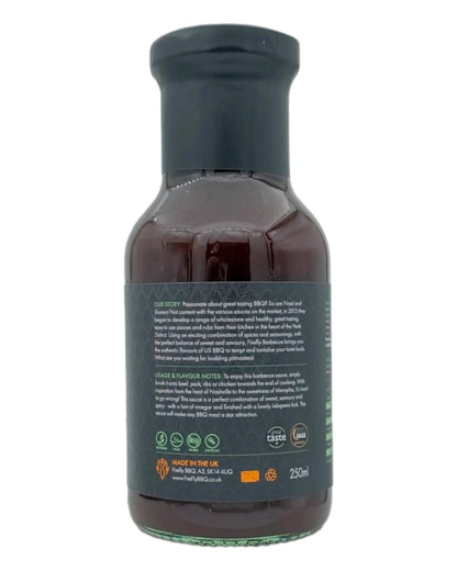 FireFly Barbecue Tennessee Jalapeño BBQ Sauce bottle with spicy, tangy sauce and label showing jalapeño peppers.