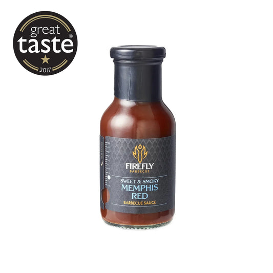 FireFly Barbecue Memphis Red Sweet and Smoky BBQ Sauce bottle, rich red color with label showing Memphis-inspired flavor profile.