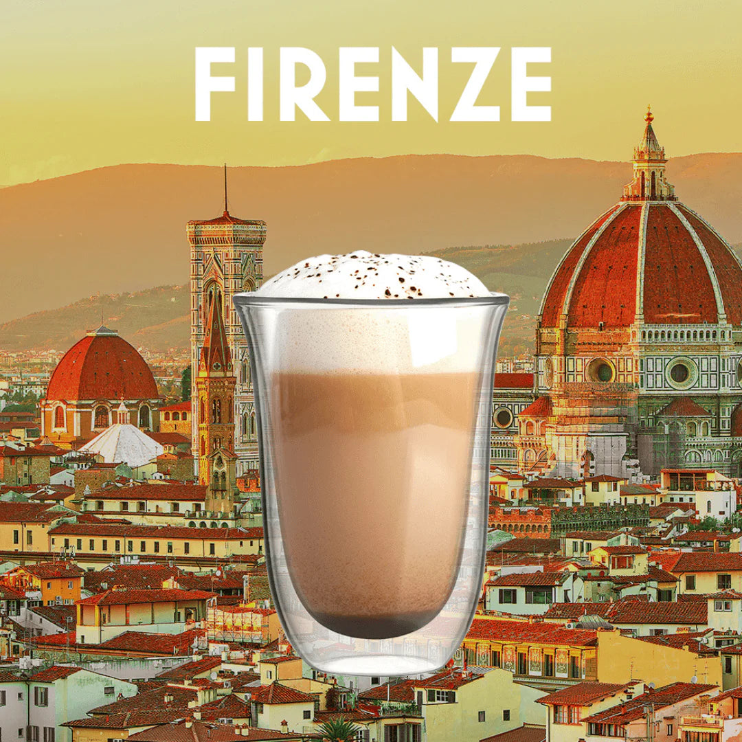 Set of two Brew Italia Firenze double-walled glass coffee cups with clear design and handles, ideal for hot beverages.