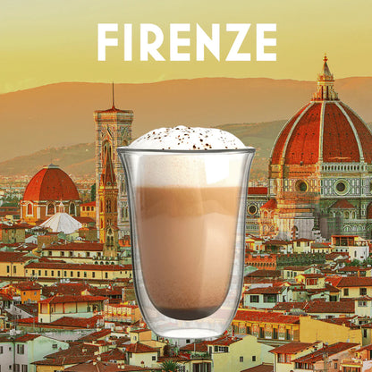 Set of two Brew Italia Firenze double-walled glass coffee cups with clear design and handles, ideal for hot beverages.