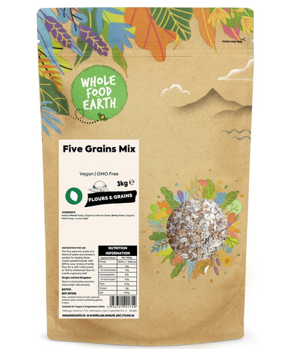 Whole Food Earth Five Grains Mix featuring a blend of diverse grains in a clear bowl on a neutral background.