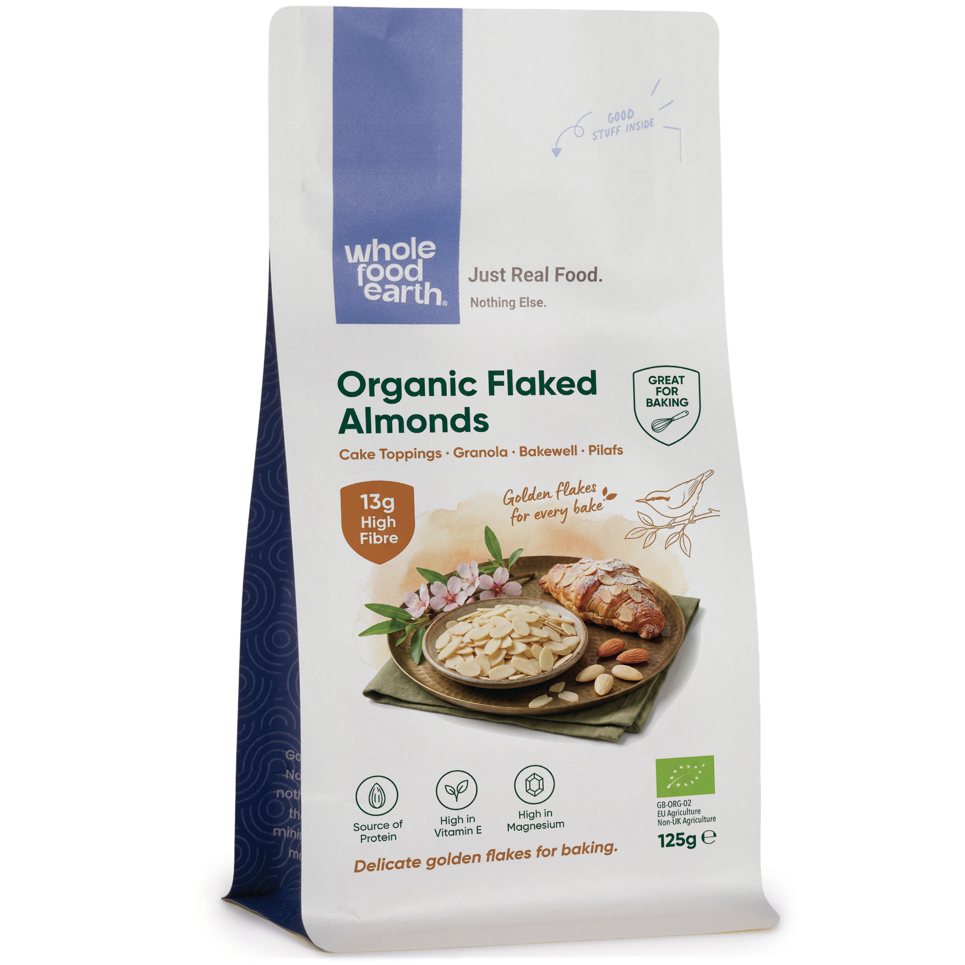 Organic flaked almonds in a Whole Food Earth pouch, showing light, crunchy almond flakes suitable for snacking or baking.