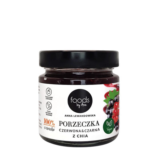 Vesa Beauty Red and Blackcurrant Jam with Chia seeds in 200g jar, showcasing fresh fruit and chia blend in a food product image.