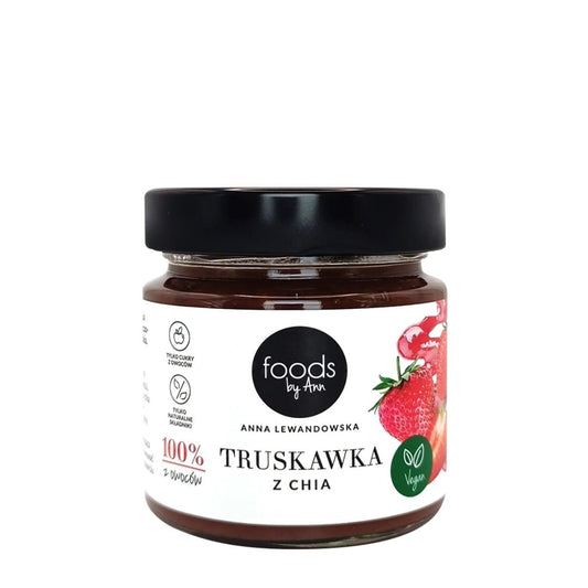 Vesa Beauty 200g jar of strawberry jam with chia seeds, featuring fresh strawberries and chia visible in the spread.