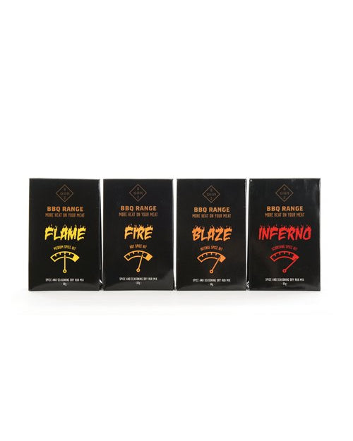 Four jars of BOHNS Rubs BBQ Heat Range spice blends showing colorful labels and variety of heat levels on a white background.