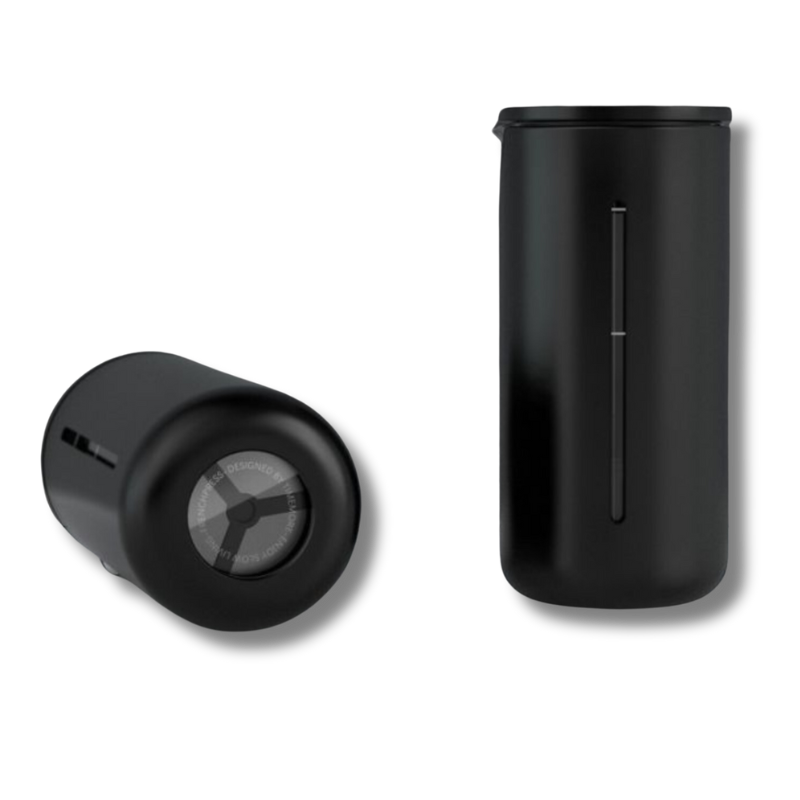 Side and bottom view of Timemore French Press gear by Contact Coffee Company Ltd., showcasing its sleek design and construction.