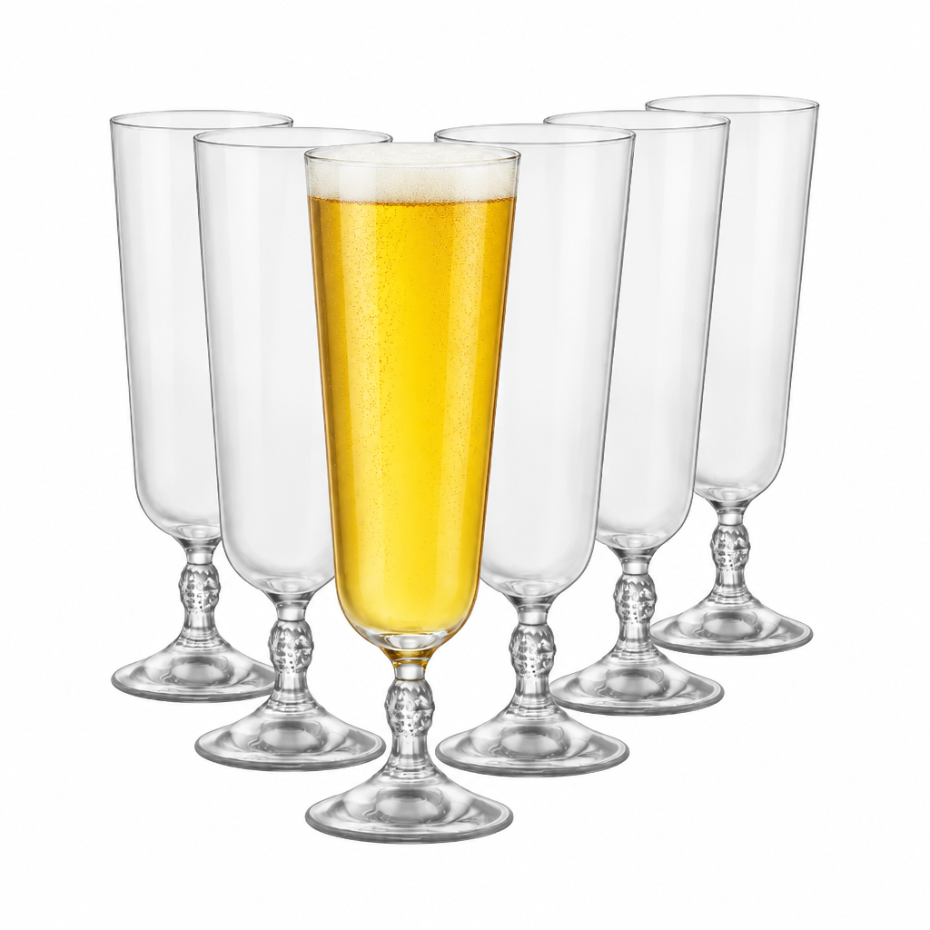 Set of six Bormioli Rocco bartender beer tankards filled with beer, featuring clear glass and sturdy handles.