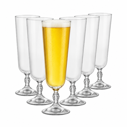Set of six Bormioli Rocco bartender beer tankards filled with beer, featuring clear glass and sturdy handles.