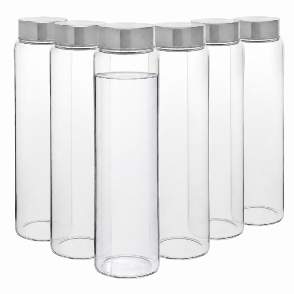 Set of six 1-liter Glassware UK screw top glass bottles filled with clear water, showing a front view with secure lids.
