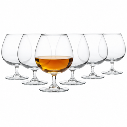 Set of six Glassware UK Brandy Balloon Glasses, 550ml whisky tumblers with elegant design and clear glass showcasing the contents.