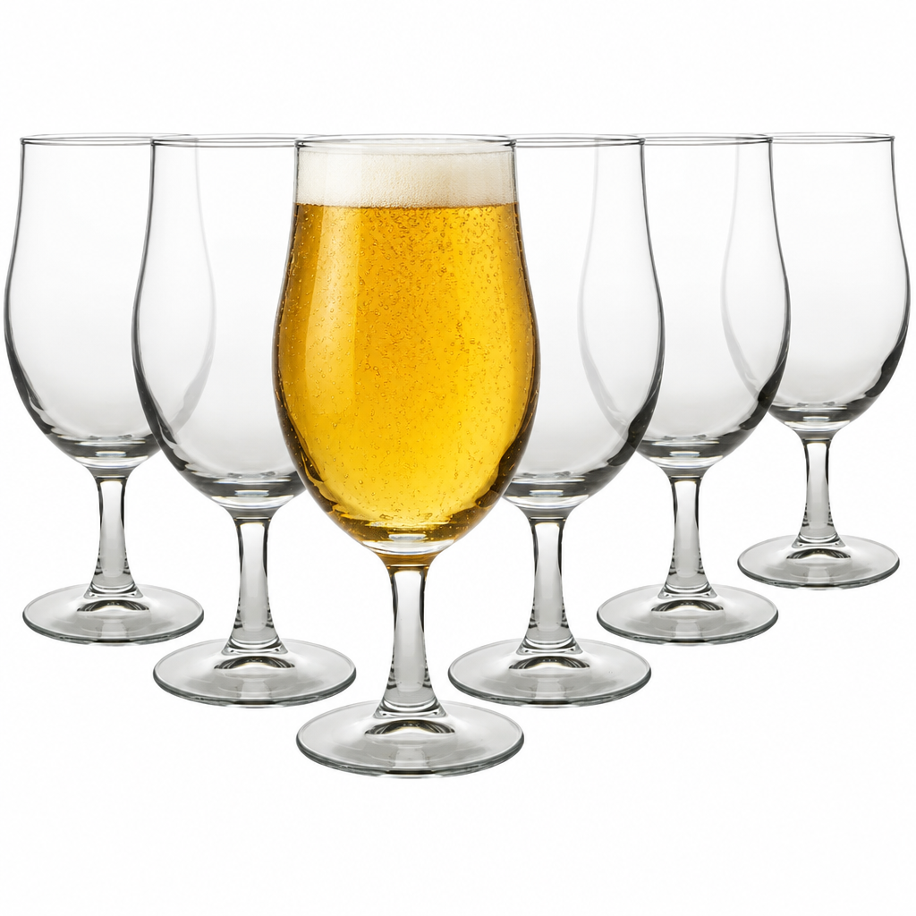 Six Glassware UK draft stemmed beer glasses with 375ml capacity, featuring a classic tankard design and clear glass appearance.