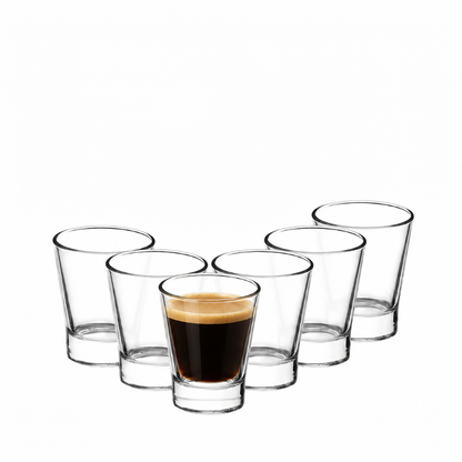 Six Bormioli Rocco 85ml espresso shot glasses with clear glass, ideal for serving small coffee shots.