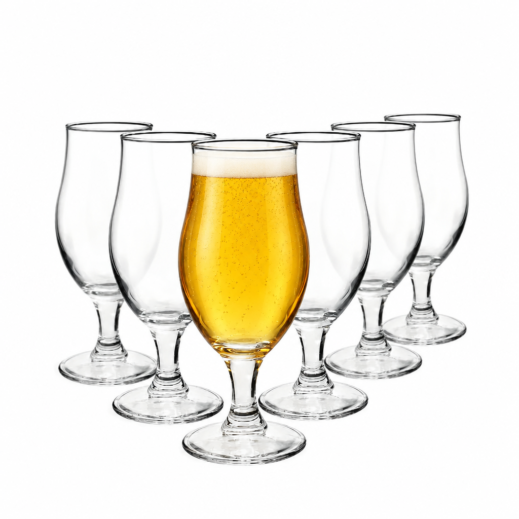 Six Bormioli Rocco Executive beer tankard glasses with 375ml capacity, featuring clear glass and sturdy handles.