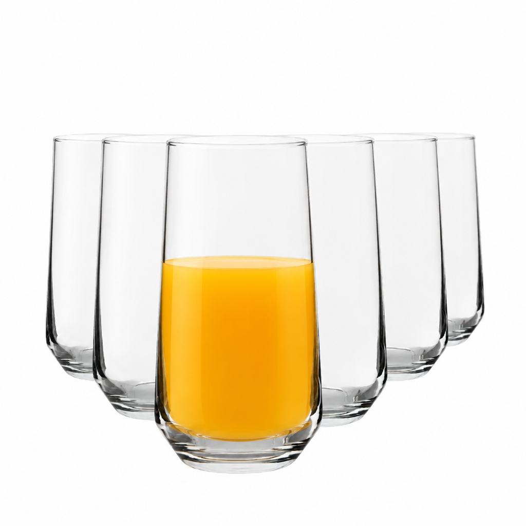 Set of six Allegra long drink glasses by Glassware UK filled with orange juice, showcasing clear 470ml glassware design.