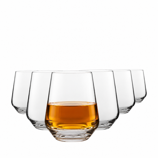 Six clear Allegra Glassware UK whisky tumblers filled with whisky, 440ml capacity, set of six, on a wooden surface.