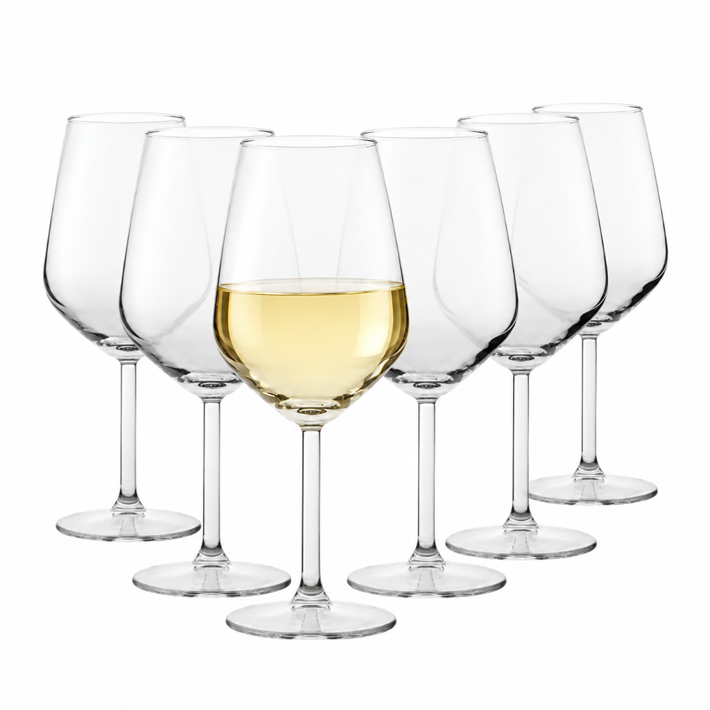 Set of six Allegra white wine glasses by Glassware UK, 350ml capacity, clear glasses filled with white wine.