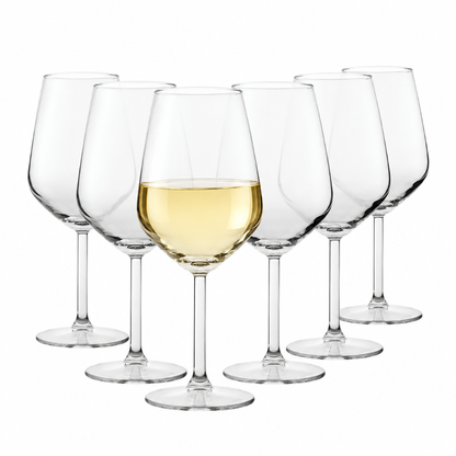Set of six Allegra white wine glasses by Glassware UK, 350ml capacity, clear glasses filled with white wine.