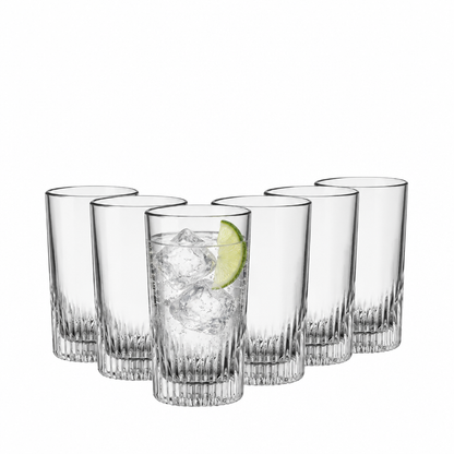 Set of six Bormioli Rocco Graphics long whisky tumblers with printed graphics, 450ml capacity, ideal for gin and tonic drinks.