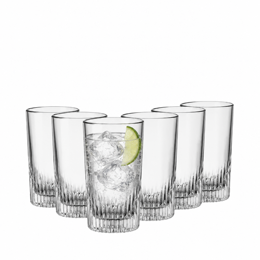 Set of six Bormioli Rocco Graphics long whisky tumblers with printed graphics, 450ml capacity, ideal for gin and tonic drinks.