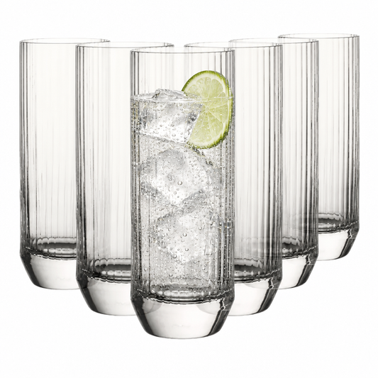 Set of six Glassware UK Big Top highball glasses, 430ml whisky tumblers, with gin and tonic inside, front view.