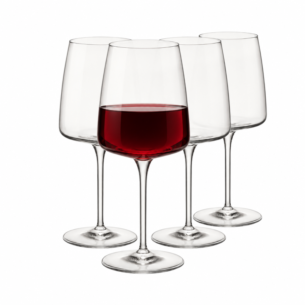 Set of four Bormioli Rocco Planeo Gran Rosso wine glasses filled with red wine, showcasing clear glass design and elegant shape.