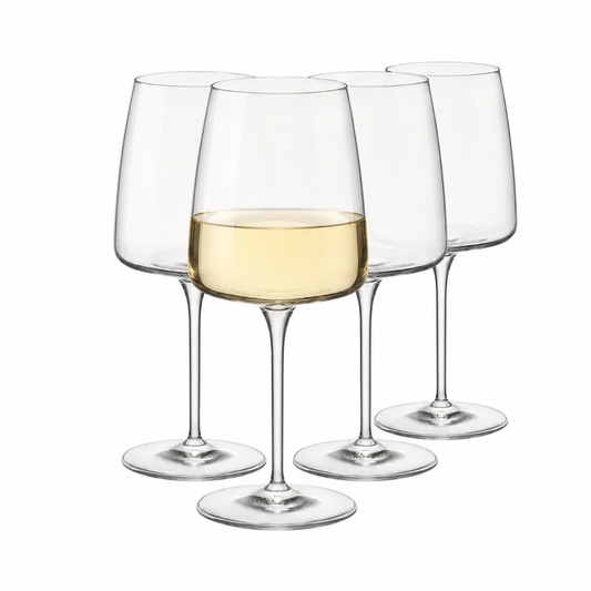 Set of four Bormioli Rocco Planeo white wine glasses, 380ml capacity, with clear glass and elegant shape.