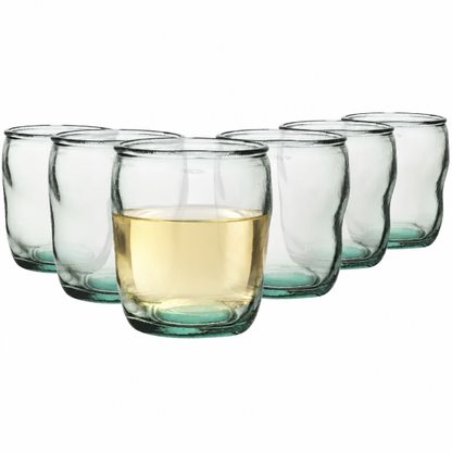 Set of six Authentico Recycled Low Glasses by Glassware UK, 350ml whisky tumblers filled with white wine, showcasing eco-friendly glassware.