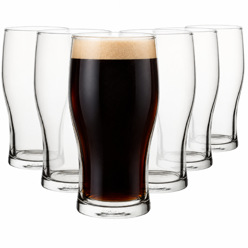 Six Tulip Pint Glasses by Glassware UK, 570ml tankards featuring a Guinness-style stout design, front view.