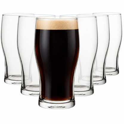 Six Tulip Pint Glasses by Glassware UK, 570ml tankards featuring a Guinness-style stout design, front view.