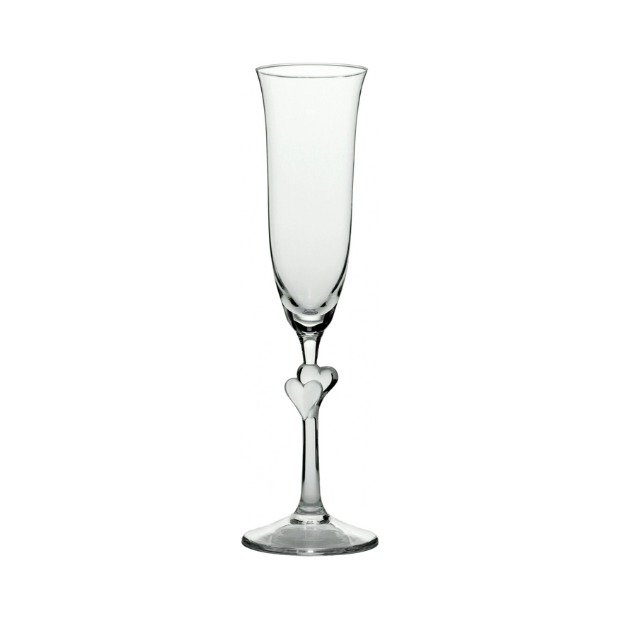 Set of two Stolzle Lausitz L'Amour clear heart-shaped champagne flutes with frosted finish, displayed in a gift box.
