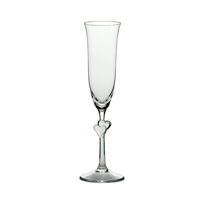 Set of two Stolzle Lausitz L'Amour clear heart-shaped champagne flutes with frosted finish, displayed in a gift box.